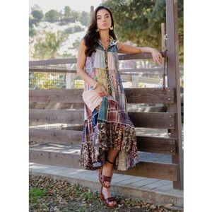 Young Threads Boho Patchwork Sleeveless Long Hoodie Duster  Latte Large PTP 21